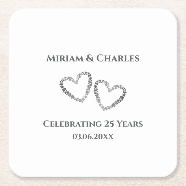 Personalized Elegant Heart Silver 25th Anniversary Square Paper Coaster (Front)