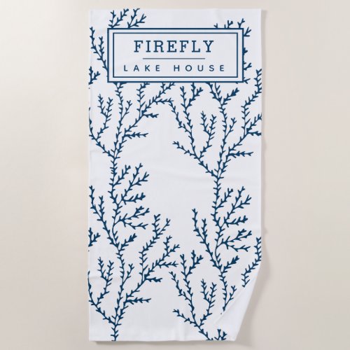 Personalized Elegant Indigo Blue Coral Pattern  Beach Towel