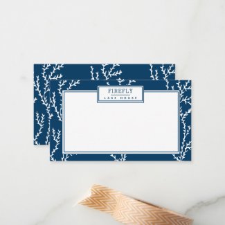 Personalized, Elegant Indigo Blue Coral Pattern Note Card