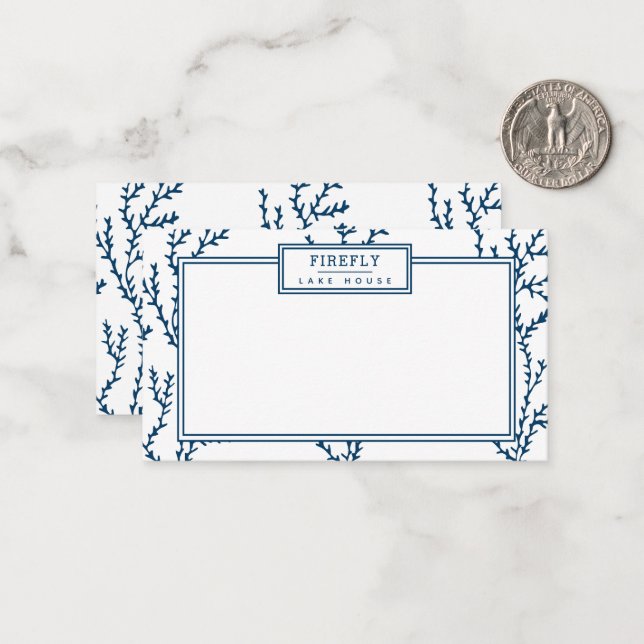 Personalized, Elegant Indigo Blue Coral Pattern  Note Card (Front/Back In Situ)