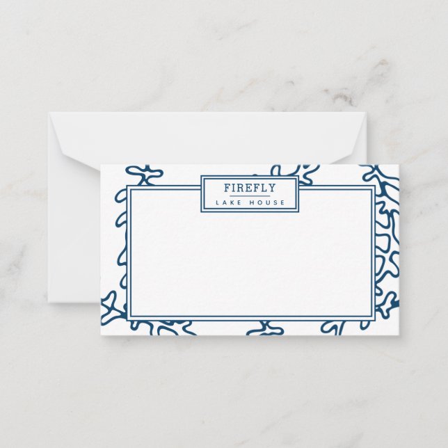 Personalized, Elegant Indigo Blue Seaweed Pattern Note Card (Front)