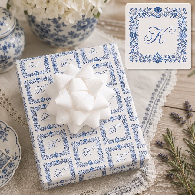 Personalized Elegant Initial Monogram Wrapping Paper Sheets (Blue Monogram Wrapping Paper)