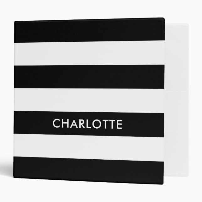 Personalized Elegant Luxury Black and white stripe 3 Ring Binder (Front/Inside)