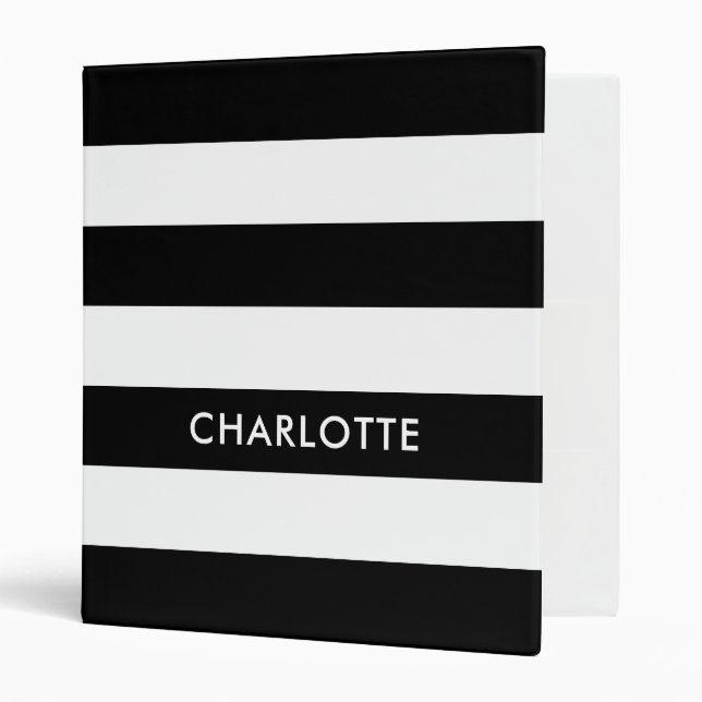 Personalized Elegant Luxury Black and white stripe 3 Ring Binder (Front/Inside)