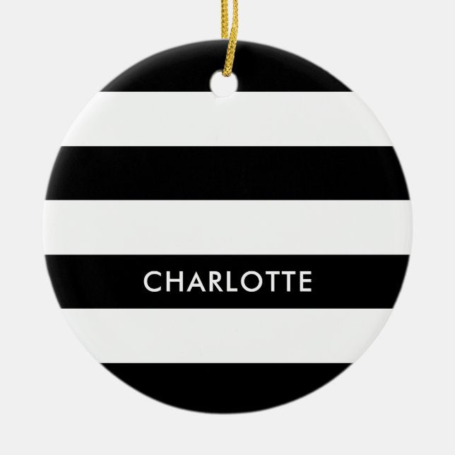 Personalized Elegant Luxury Black and white stripe Ceramic Ornament (Front)