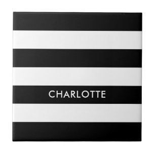 Personalized Elegant Luxury Black and white stripe Ceramic Tile