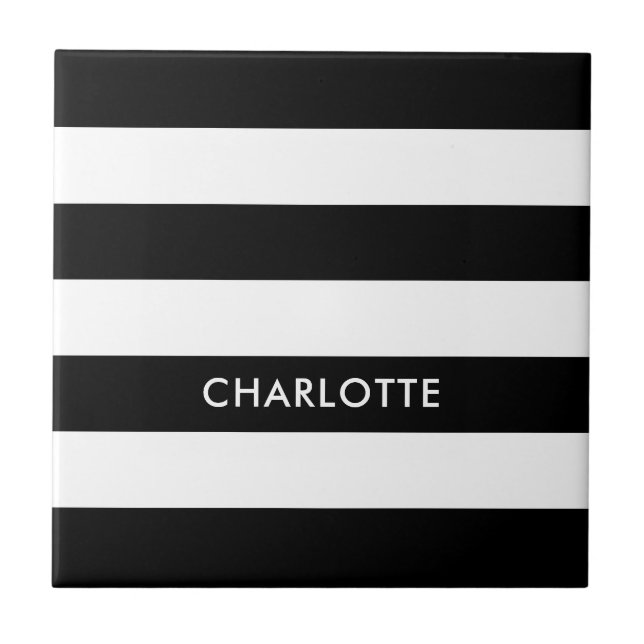 Personalized Elegant Luxury Black and white stripe Ceramic Tile (Front)