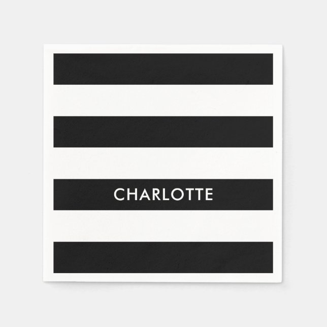 Personalized Elegant Luxury Black and white stripe Napkins (Front)
