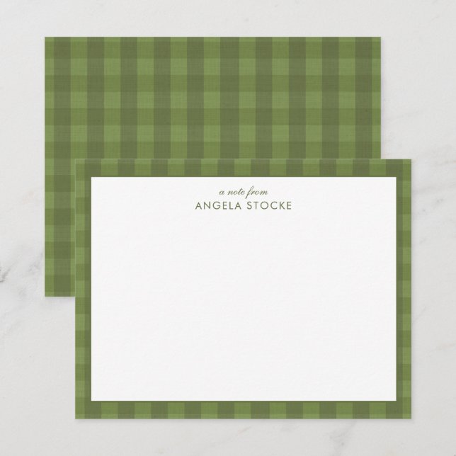 Personalized Elegant Minimal Border Green Gingham Note Card (Front/Back)