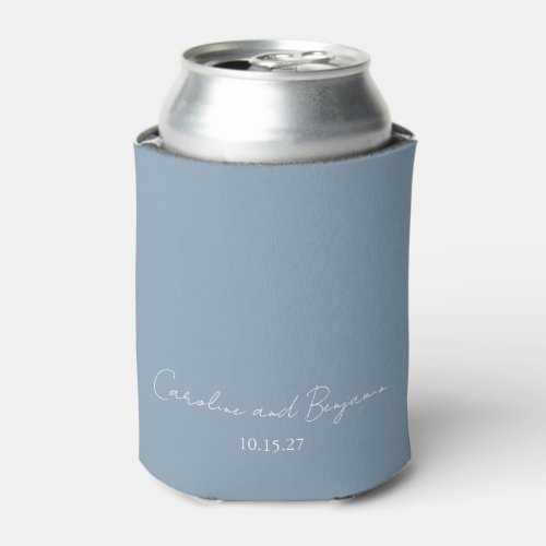 Personalized Elegant Minimalist Wedding Dusty Blue Can Cooler