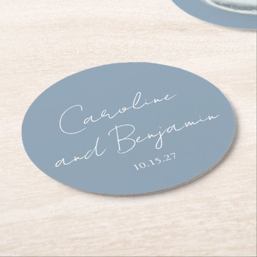 Personalized Elegant Minimalist Wedding Dusty Blue Round Paper Coaster