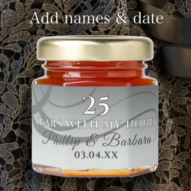 Personalized elegant modern 25th anniversary party honey jar favors (Personalized wedding anniversary party favor gift. Elegant custom silver 25th anniversary honey jar
)
