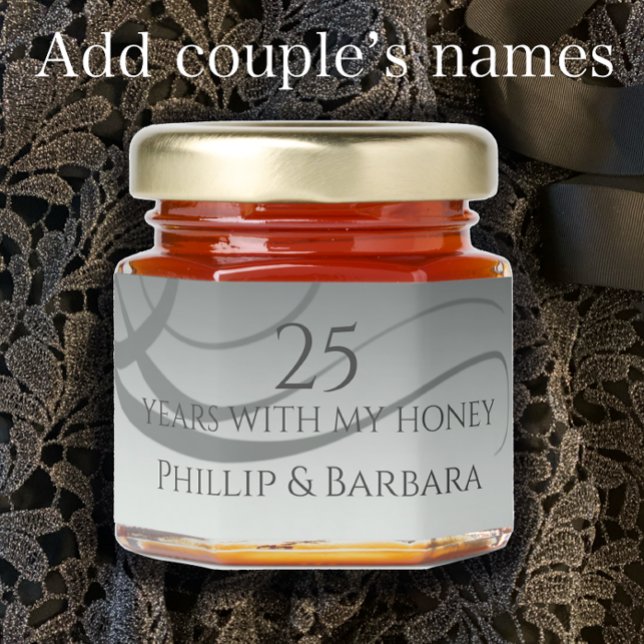 Personalized elegant modern 25th anniversary party honey jar favors (Add couple’s names for cute 25th anniversary party favor gift. 25 years with my honey wedding gift.
)