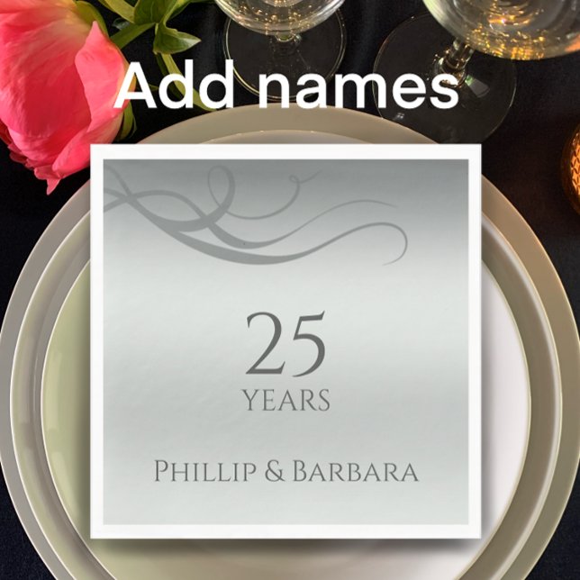 Personalized elegant modern 25th anniversary party napkins (Add couple’s names for personalized silver gradient 25th wedding anniversary napkins. Unique modern.)