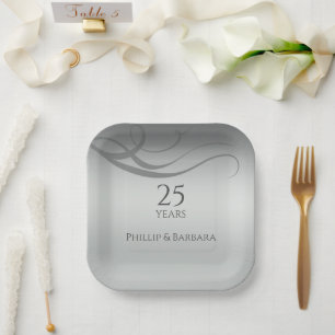 Personalized elegant modern 25th anniversary party paper plates