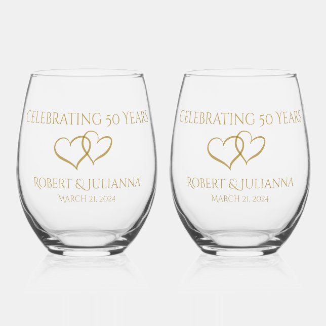 Personalized Elegant Modern 50th Anniversary Gift Stemless Wine Glass (Front)
