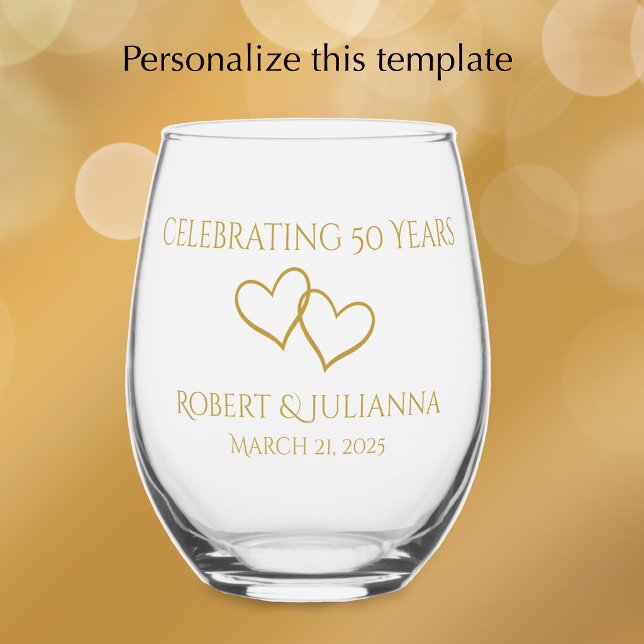 Personalized Elegant Modern 50th Anniversary Gift Stemless Wine Glass (Personalize this stylish elegant golden wedding anniversary keepsake glass.
)