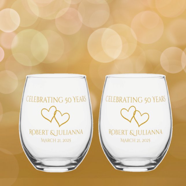 Personalized Elegant Modern 50th Anniversary Gift Stemless Wine Glass (Add couple's names to these 50th wedding anniversary unique elegant golden tan keepsake glasses.)