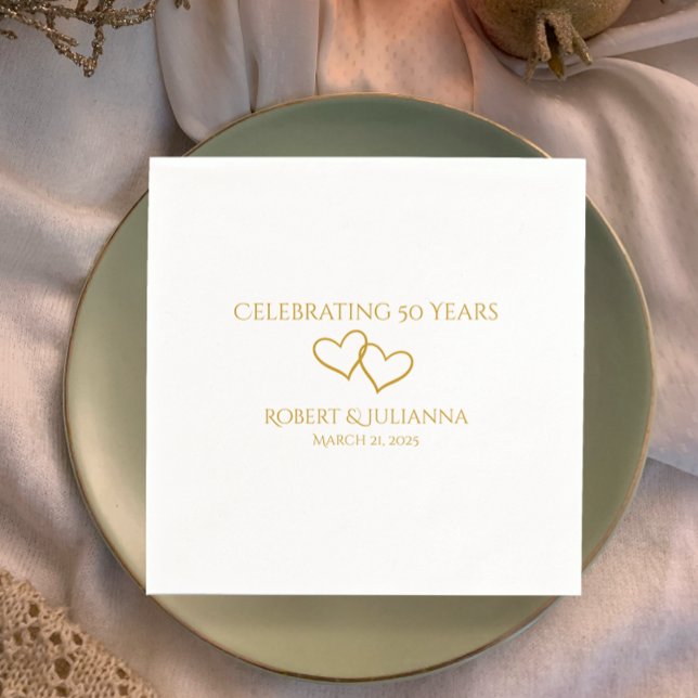 Personalized Elegant Modern 50th Anniversary Party Napkins (Personalize these unique intertwined golden heart napkins with couple's name and date. )