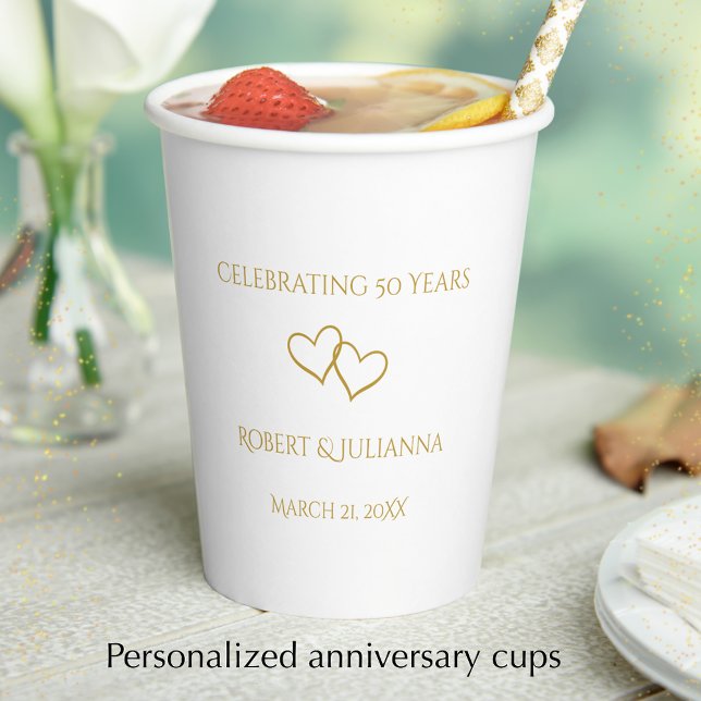Personalized Elegant Modern 50th Anniversary Party Paper Cups (Personalize these paper cups for an elegant golden heart anniversary party cup.)