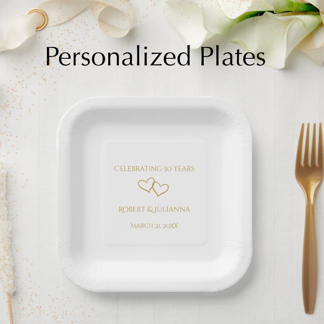 Personalized Elegant Modern 50th Anniversary Party Paper Plates (Add the couples name and wedding anniversary date for an elegant golden party plate.
)