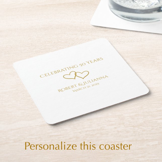 Personalized Elegant Modern 50th Anniversary Party Square Paper Coaster (Add names and dates for a golden heart personalized coaster. Great for any wedding anniversary
)