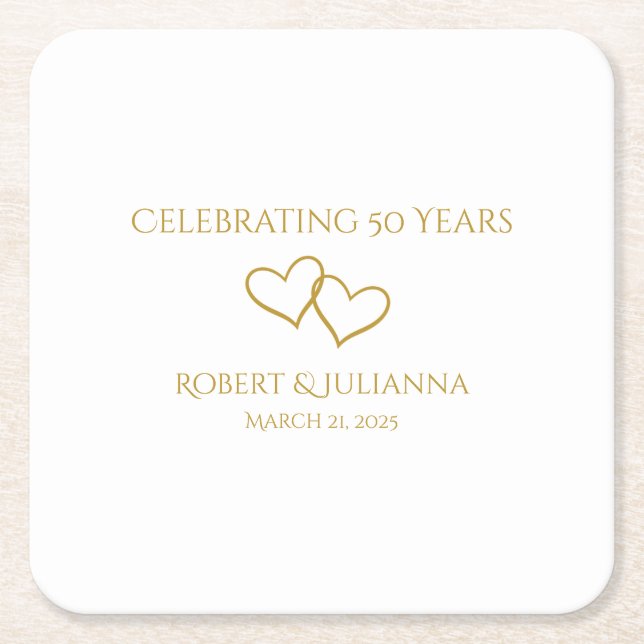 Personalized Elegant Modern 50th Anniversary Party Square Paper Coaster (Front)