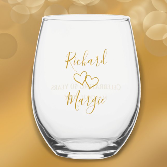 Personalized Elegant Modern 50th Anniversary Party Stemless Wine Glass (Add couple’s names for elegant unique golden heart glass. Great keepsake anniversary gift. 
)