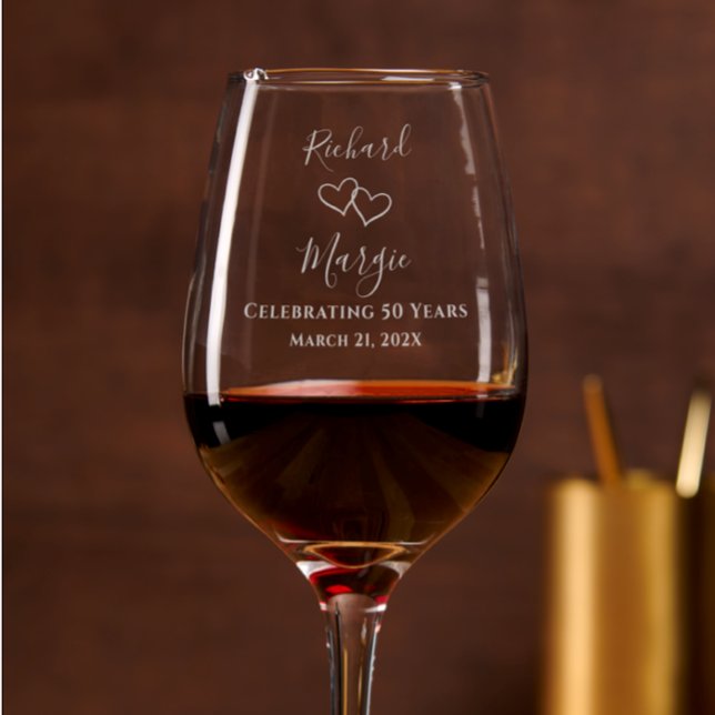 Personalized Elegant Modern 50th Anniversary Party Wine Glass (Add couple’s name for personalized etched keepsake glass. Add 50th anniversary date, unique elegant.)