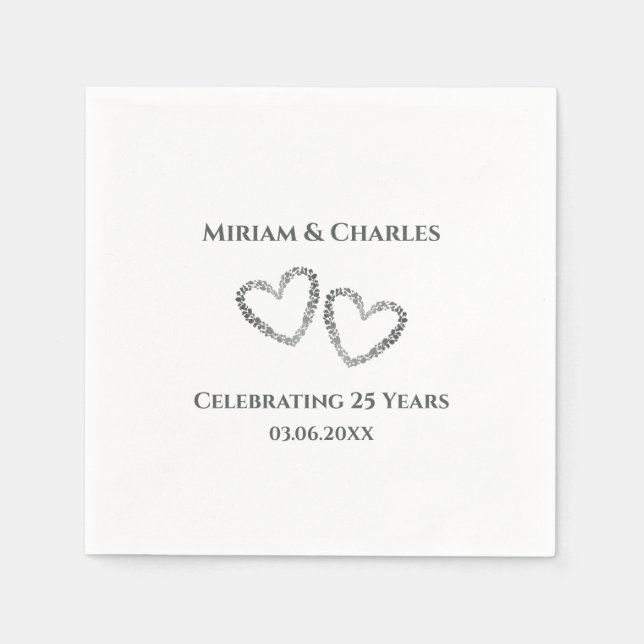 Personalized Elegant Modern Heart 25th Anniversary Napkins (Front)
