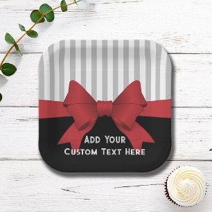 Personalized Elegant Modern Red Ribbon and Stripe Paper Plates