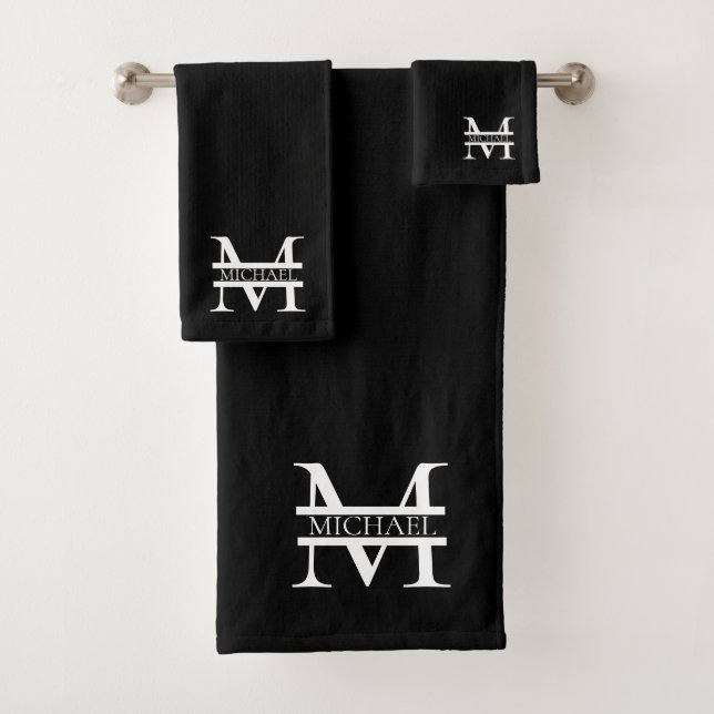 Personalized Elegant Monogram and Name Black Bath Towel Set (Insitu)