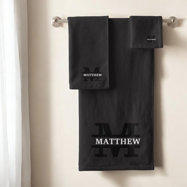 Personalized Elegant Monogram and Name Black Bath Towel Set (Creator Uploaded)