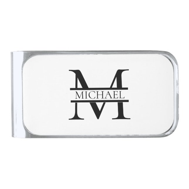Personalized Elegant Monogram and Name White  Silver Finish Money Clip (Front)