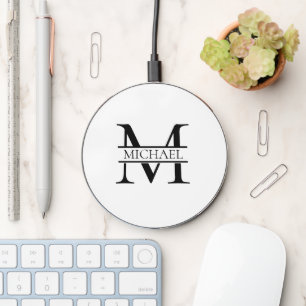 Personalized Elegant Monogram and Name White Wireless Charger