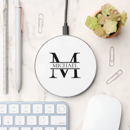Personalized Elegant Monogram and Name White Wireless Charger