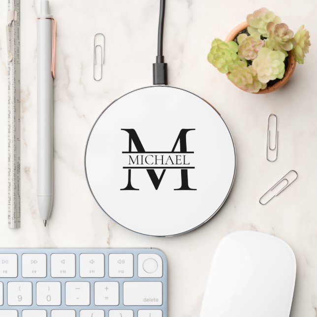 Personalized Elegant Monogram and Name White Wireless Charger (Desk)
