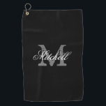 Personalized elegant monogram black golf towel<br><div class="desc">Personalized elegant monogram black golf towel. Monogrammed golfing gifts for men and women. Stylish script typography template for name and initial letter. Luxury Birthday gift ideas for golfer, husband, dad, father, friend, co worker, boss, colleague, coach, instructor, trainer, teacher, grandpa, retired person etc. Add your own surname or funny quote....</div>