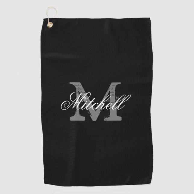 Personalized elegant monogram black golf towel (Front)