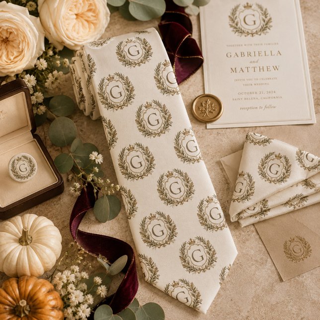 Personalized Elegant Monogram Laurel Wreath Neck Tie (Creator Uploaded)