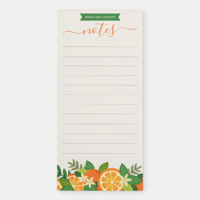 Personalized Elegant Monogram Orange Floral Magnetic Notepad (Front)