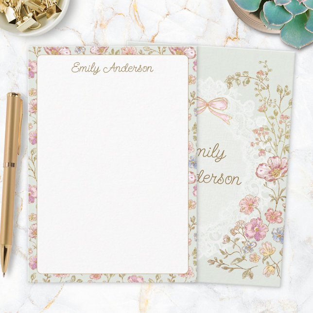 Personalized Elegant Monogram Pretty Flower Floral Note Card (Front and Back)