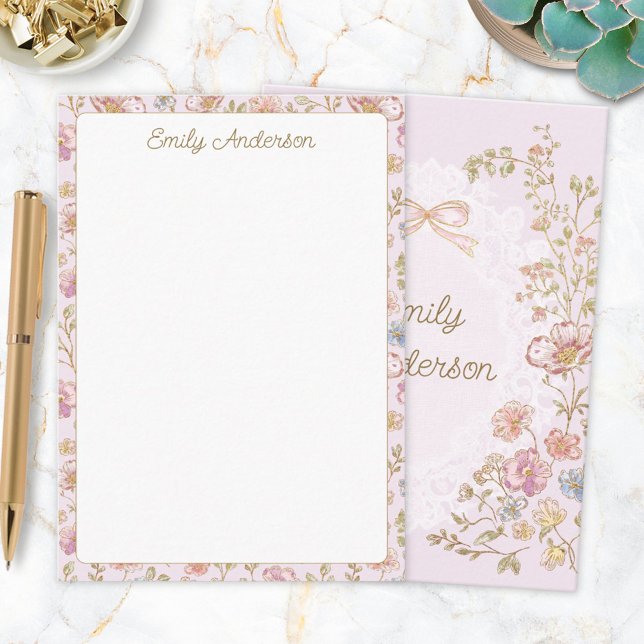 Personalized Elegant Monogram Pretty Flower Floral Note Card (Front and Back)