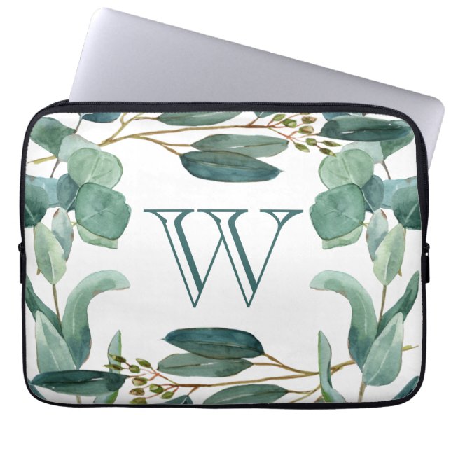Personalized Elegant Monogrammed Eucalyptus  Laptop Sleeve (Front)