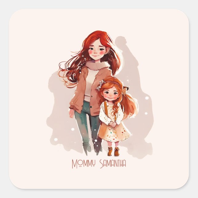 Personalized Elegant Mother and Daughter Square Sticker (Front)