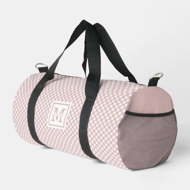 Personalized Elegant Muted Pink Plaid Pattern Duffle Bag (Right Corner)