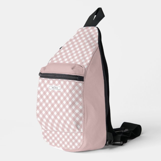 Personalized Elegant Muted Pink Plaid Pattern Sling Bag (Right Corner)