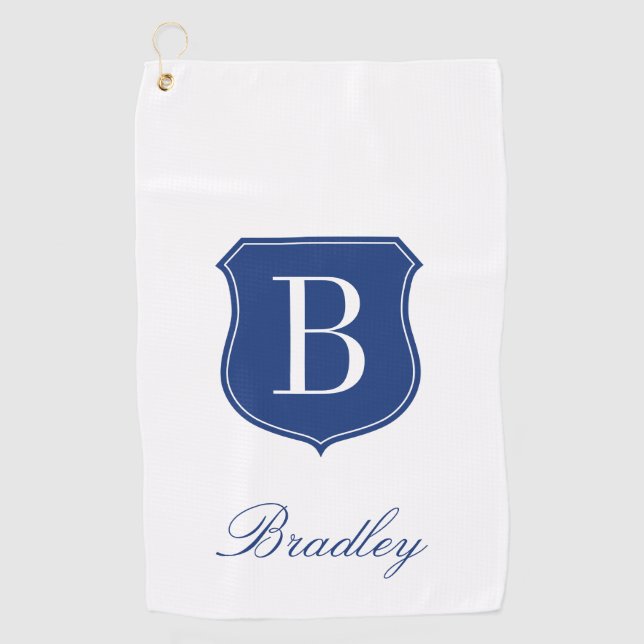 Personalized elegant name monogram blue and white golf towel (Front)
