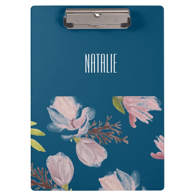 Personalized elegant navy blue and pink clipboard (Front)