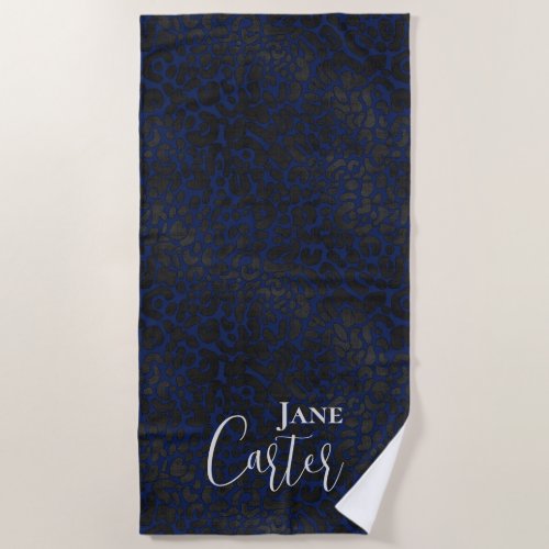 Personalized Elegant Navy Blue Black Leopard Beach Towel